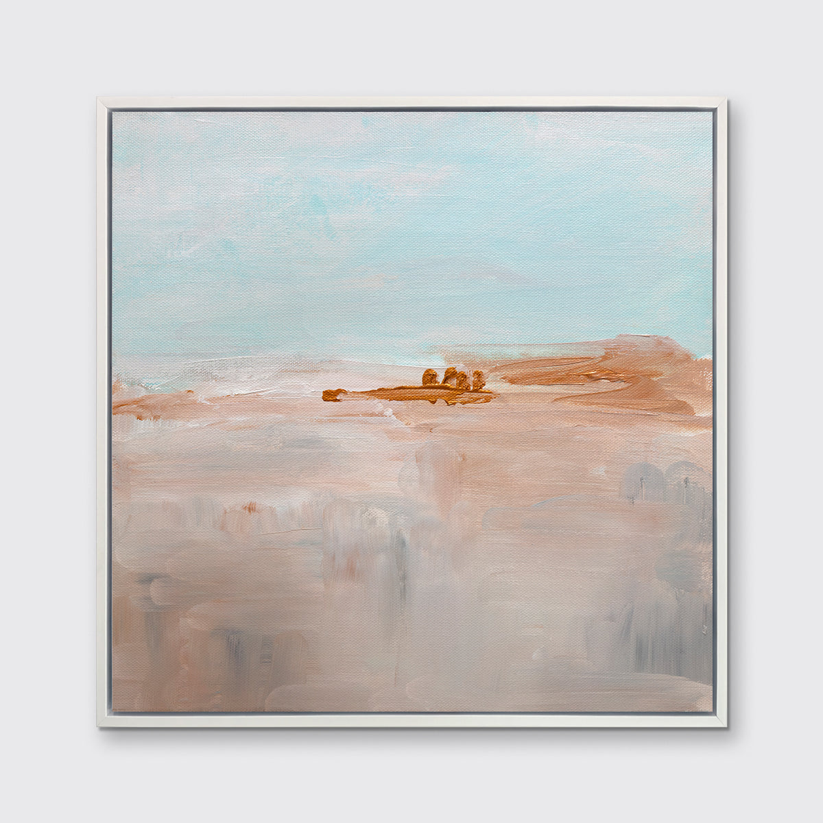 A teal, copper and dusty pink abstract print in a white floater frame hangs on a white wall.