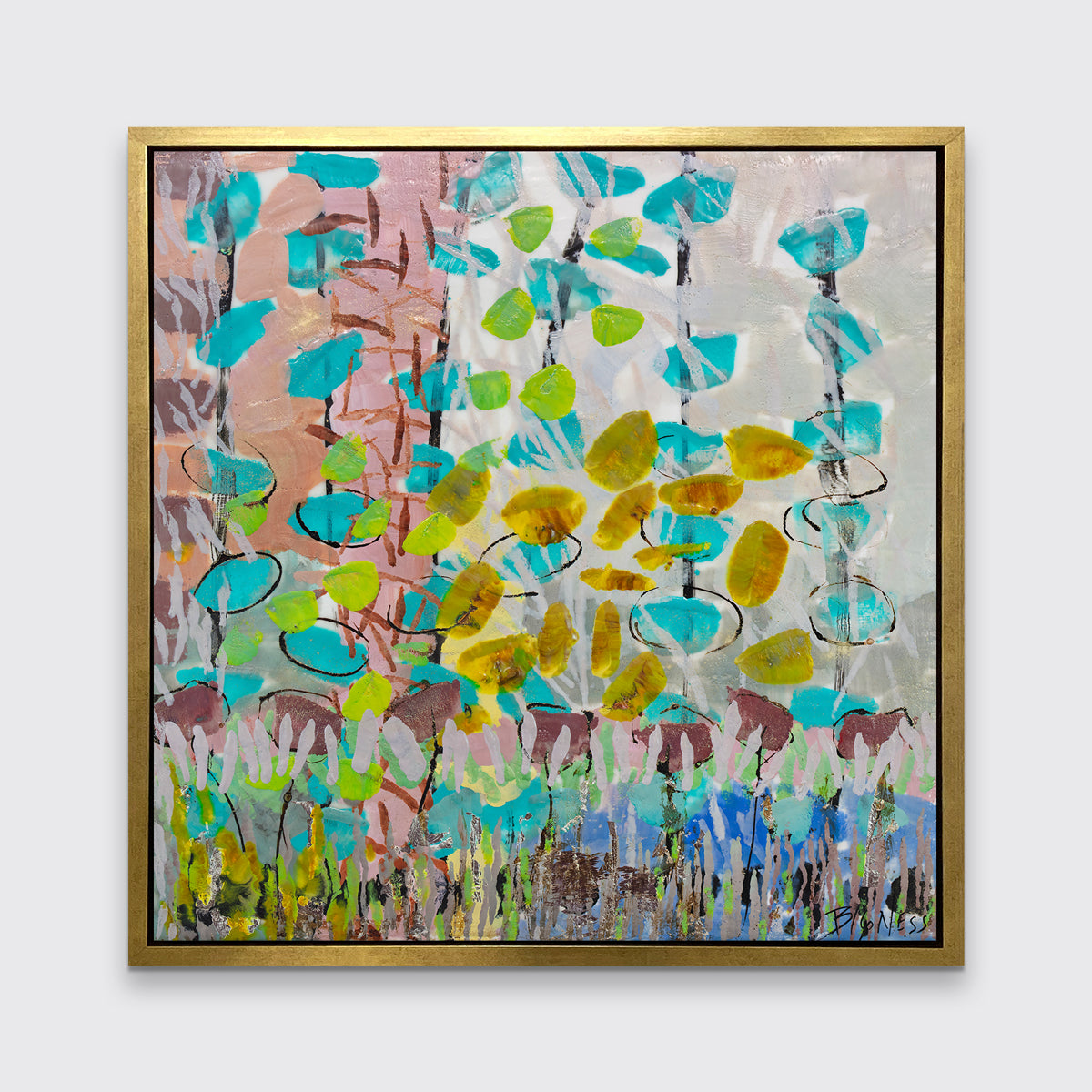 An abstract floral print in a gold floater frame hangs on a white wall.