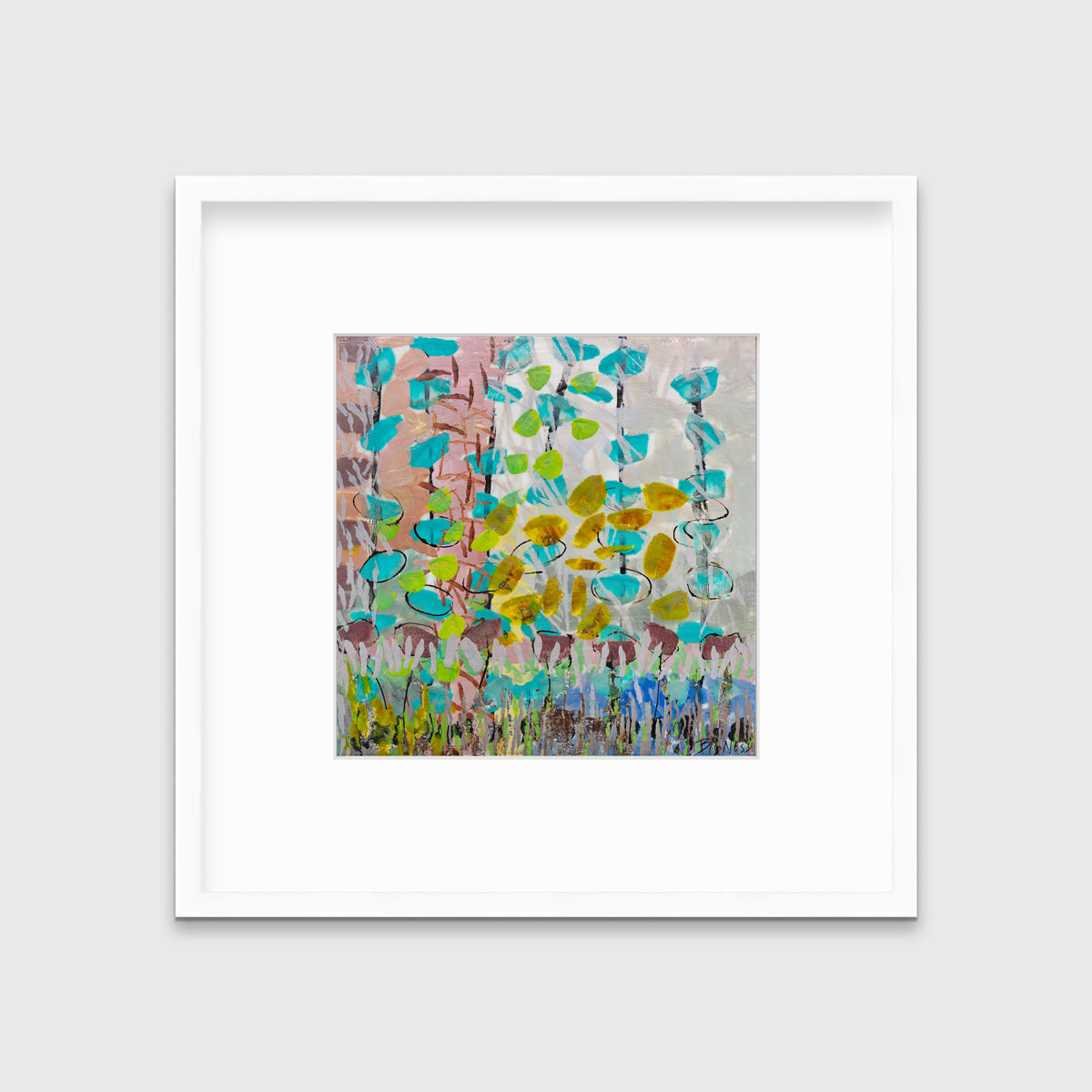 An abstract floral print in a white frame with a mat hangs on a white wall.
