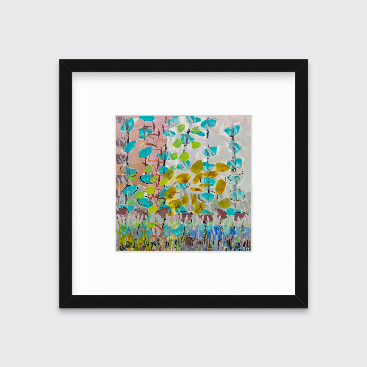 An abstract floral print in a black frame with a mat hangs on a white wall.