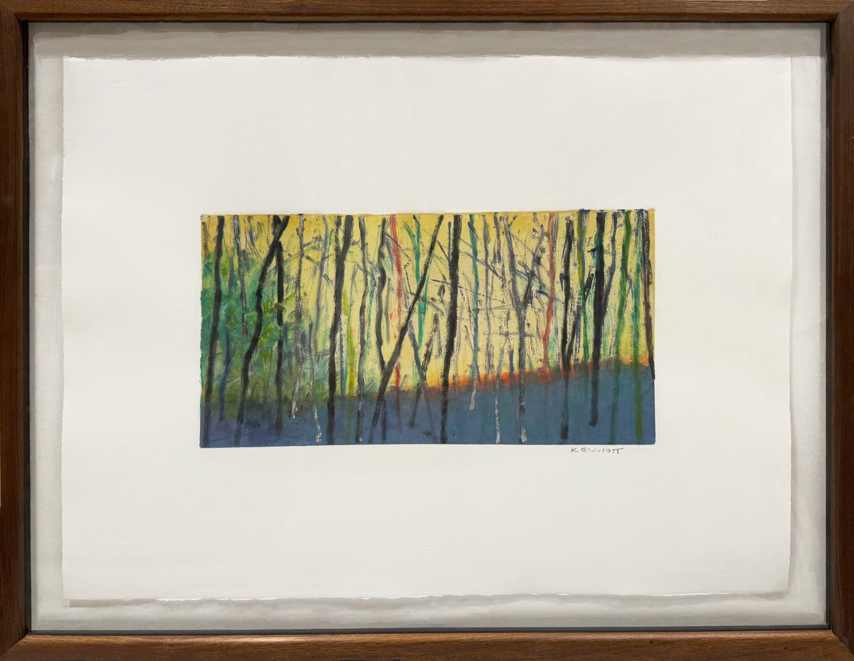 Framed artwork of a forest scene with trees in yellow and green.