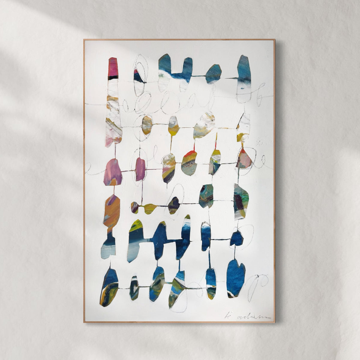 Abstract art piece with colorful shapes on a white background.