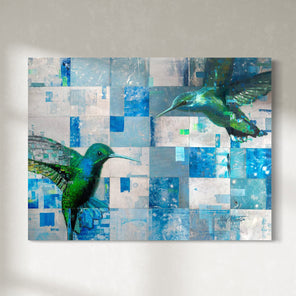 An abstract painting of two green and blue humming birds hangs on a wall.  The humming birds are painted on thin sheets of silver and blue metal that have been put together to create a grid pattern. 