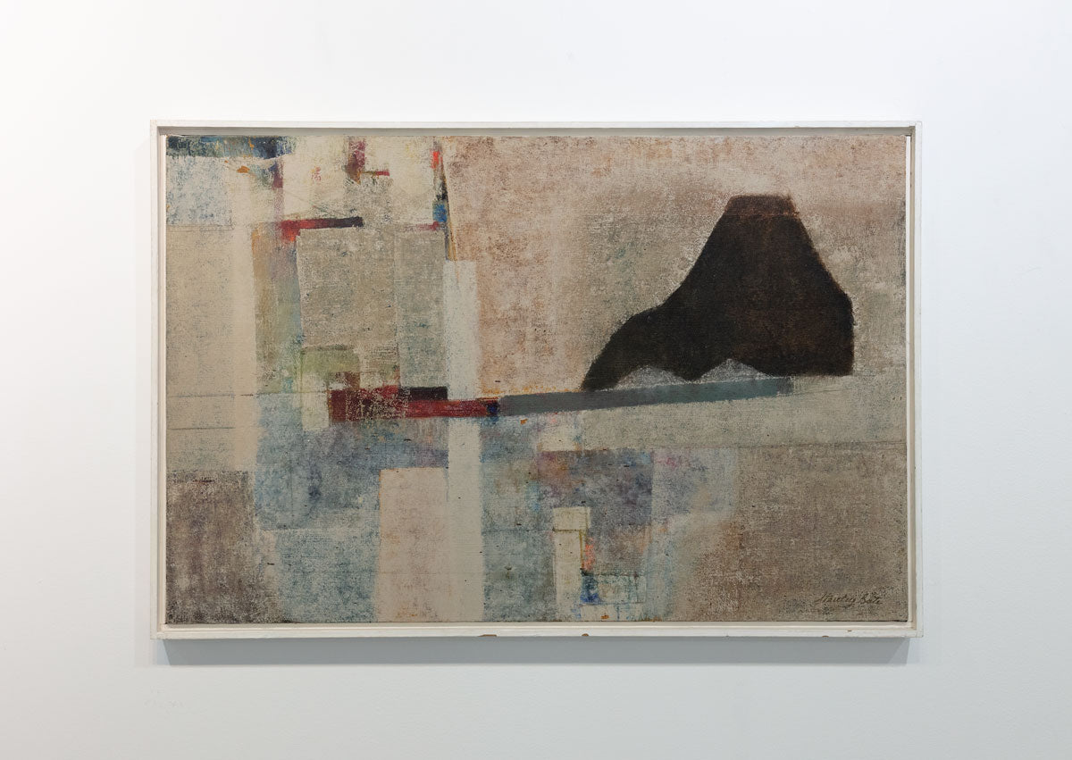 An abstract painting by Stanley Bate adorned with textured geometric forms hangs on the gallery wall. In the primary part of the composition a red and grey bar balances a black mountainous form.