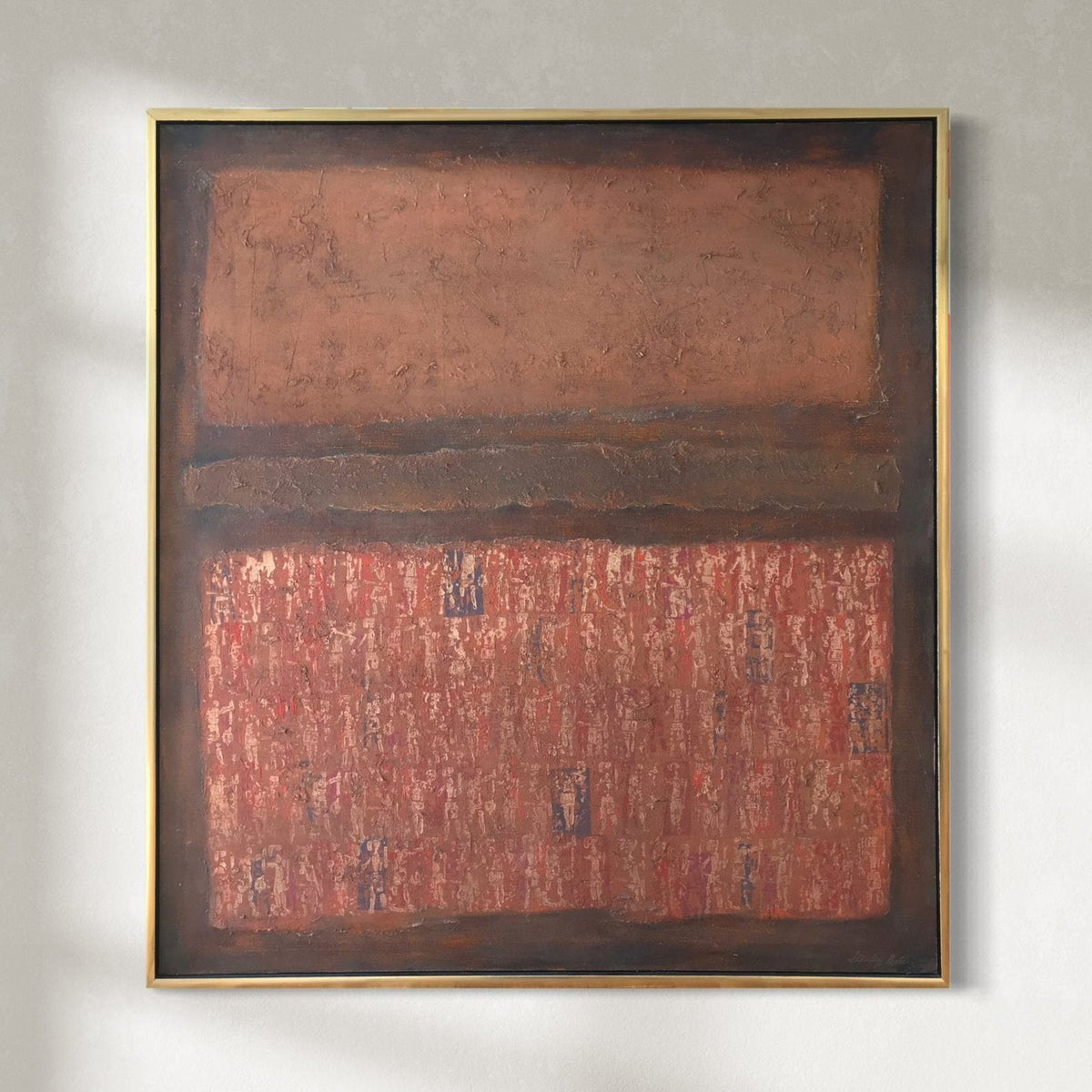 An original artwork featuring geometric abstract patterns in brown, orange, and red colors, framed in a gold frame.