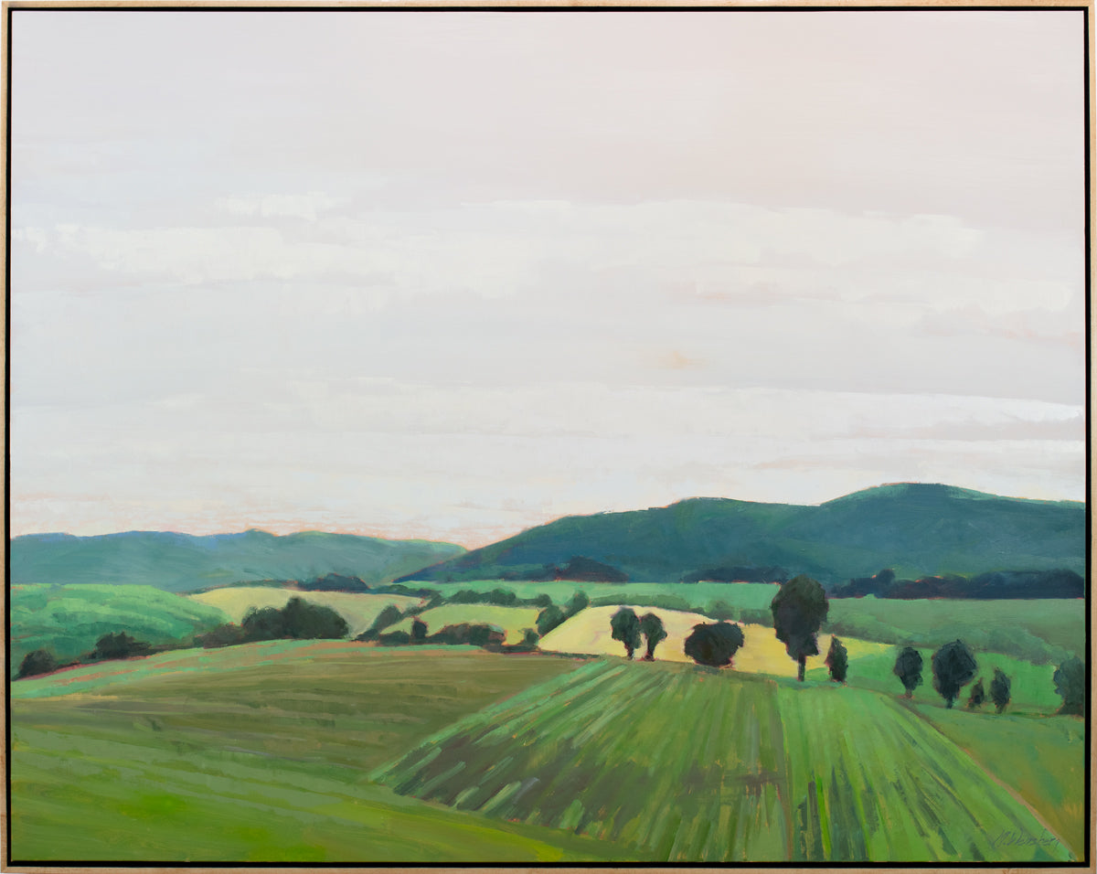 A taupe, yellow and green landscape painting by Molly Doe Wensberg in a light wood floater frame.