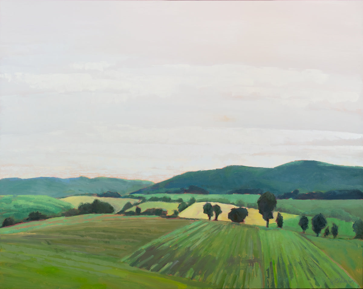 A taupe, yellow and green landscape painting by Molly Doe Wensberg.