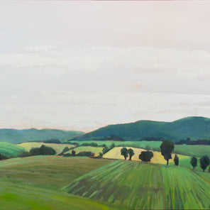 A taupe, yellow and green landscape painting by Molly Doe Wensberg.