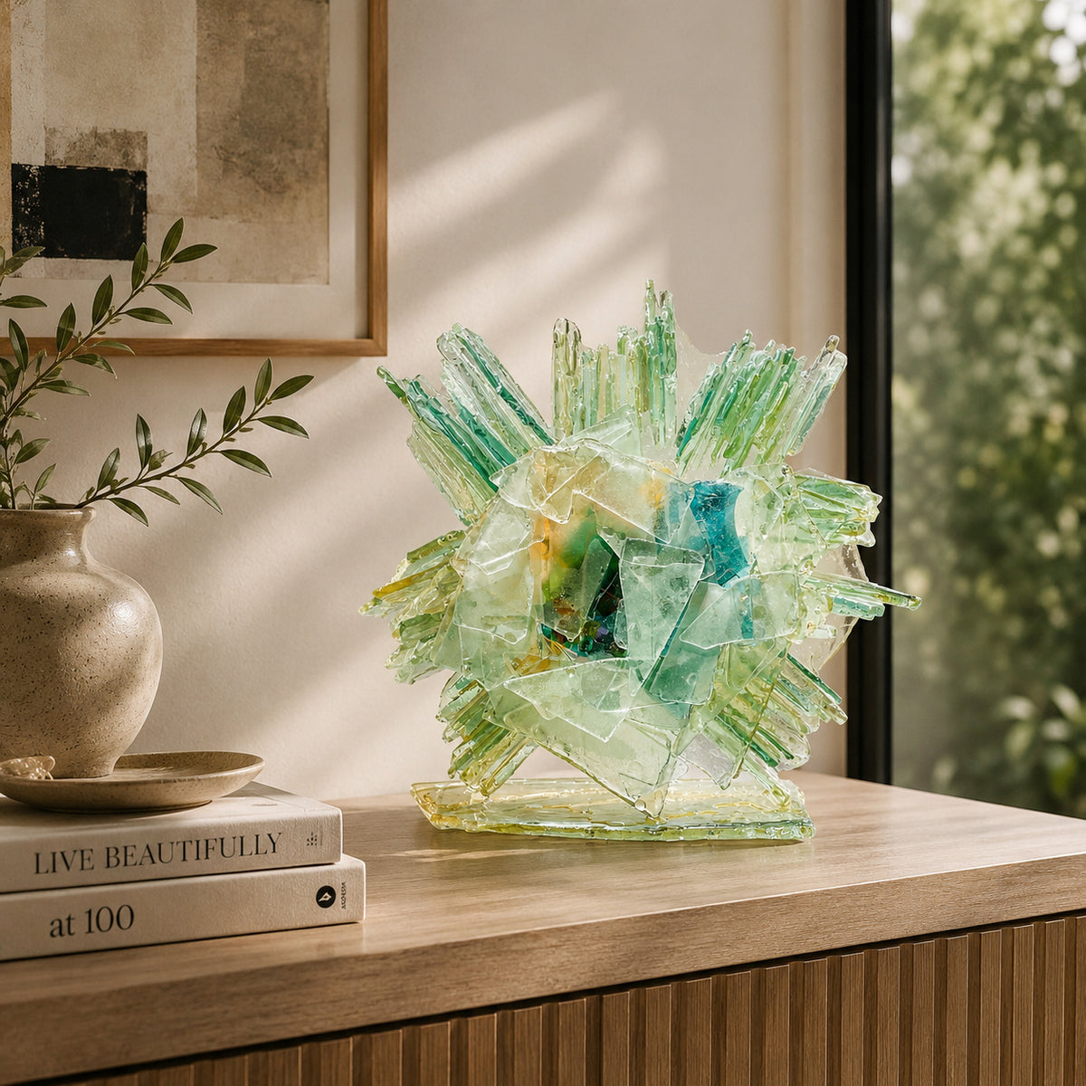 An abstracted glass sculpture on a wooden surface with books and a vase in the background