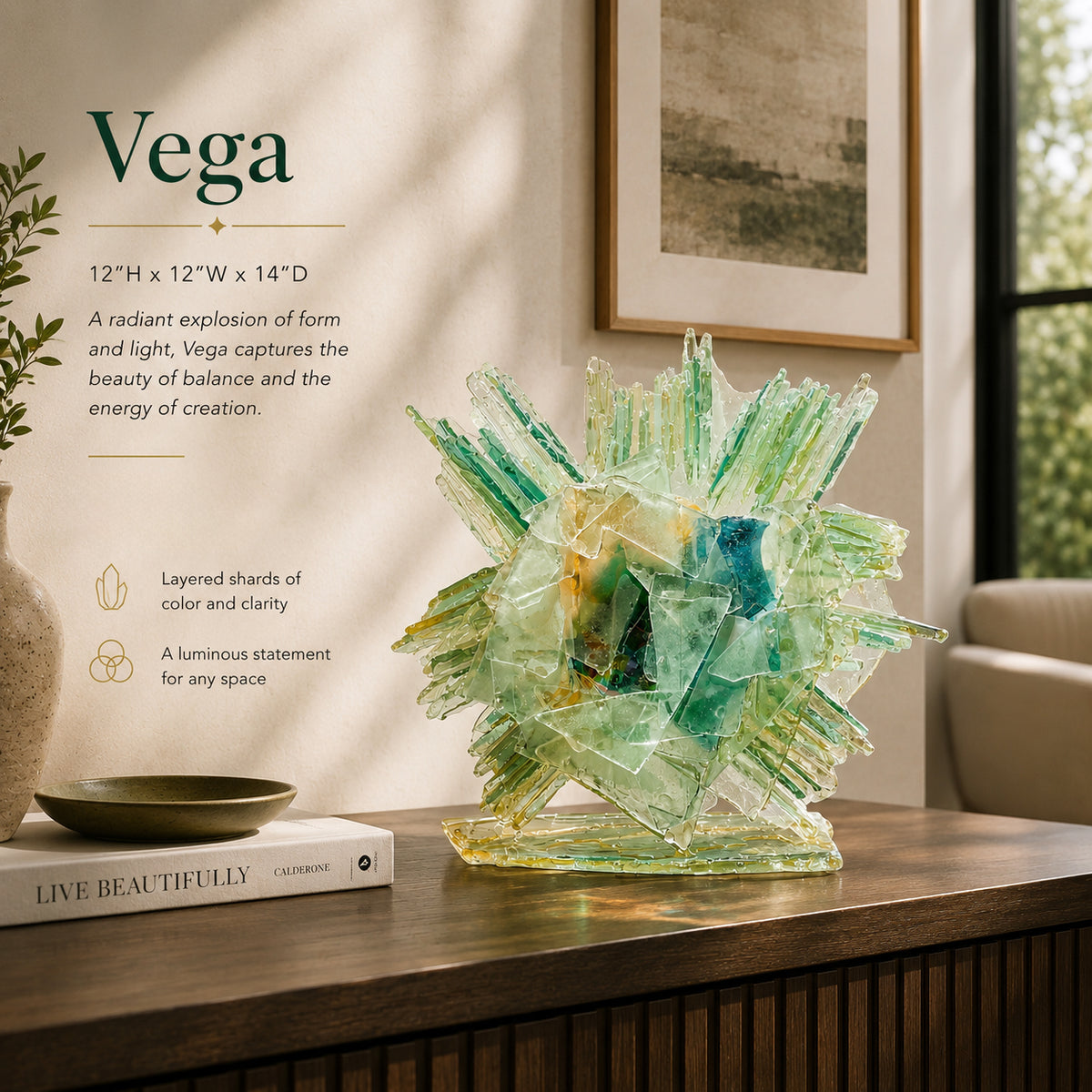 An abstracted glass sculpture labeled 'Vega' on a wooden surface with a neutral background.
