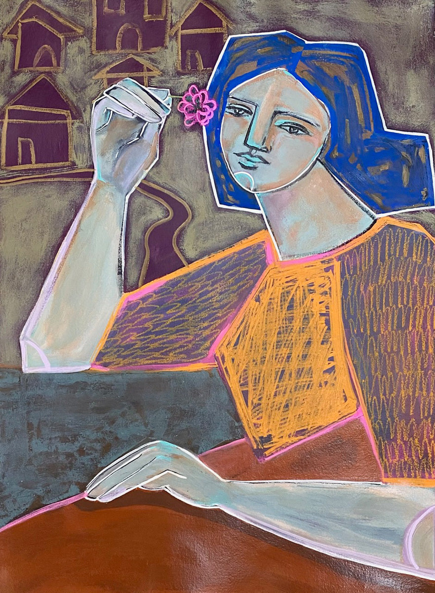 A blue, orange, yellow and deep violet abstracted painting of a woman holding a pink flower. 