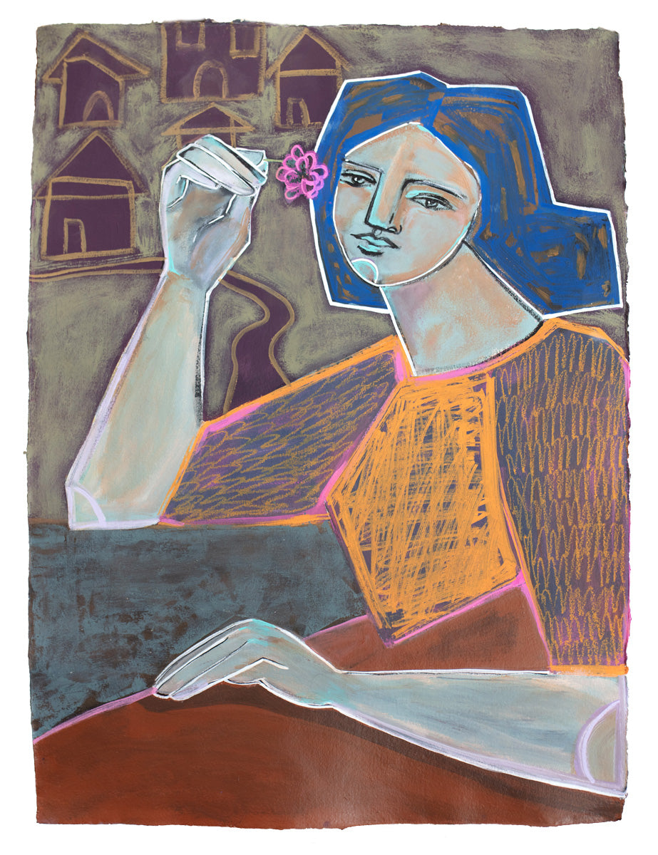 A blue, orange, yellow and deep violet abstracted painting of a woman holding a pink flower.
