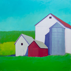 A landscape painting of white and red barns surrounded by vibrant green grass under a blue sky by Carol Young. 