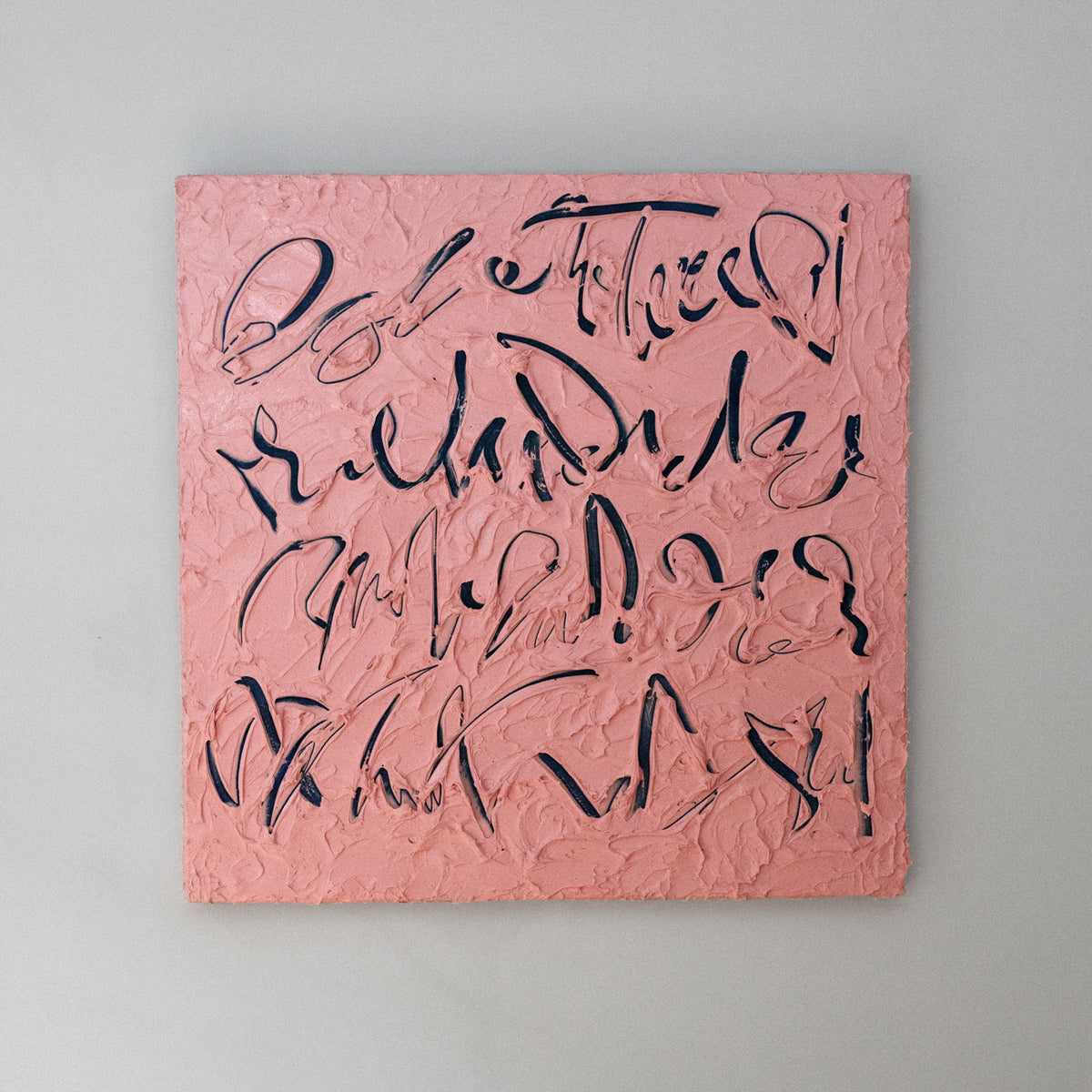 A coral/pink text based painting featuring navy abstract calligraphic lettering, displayed against a neutral light gray wall.