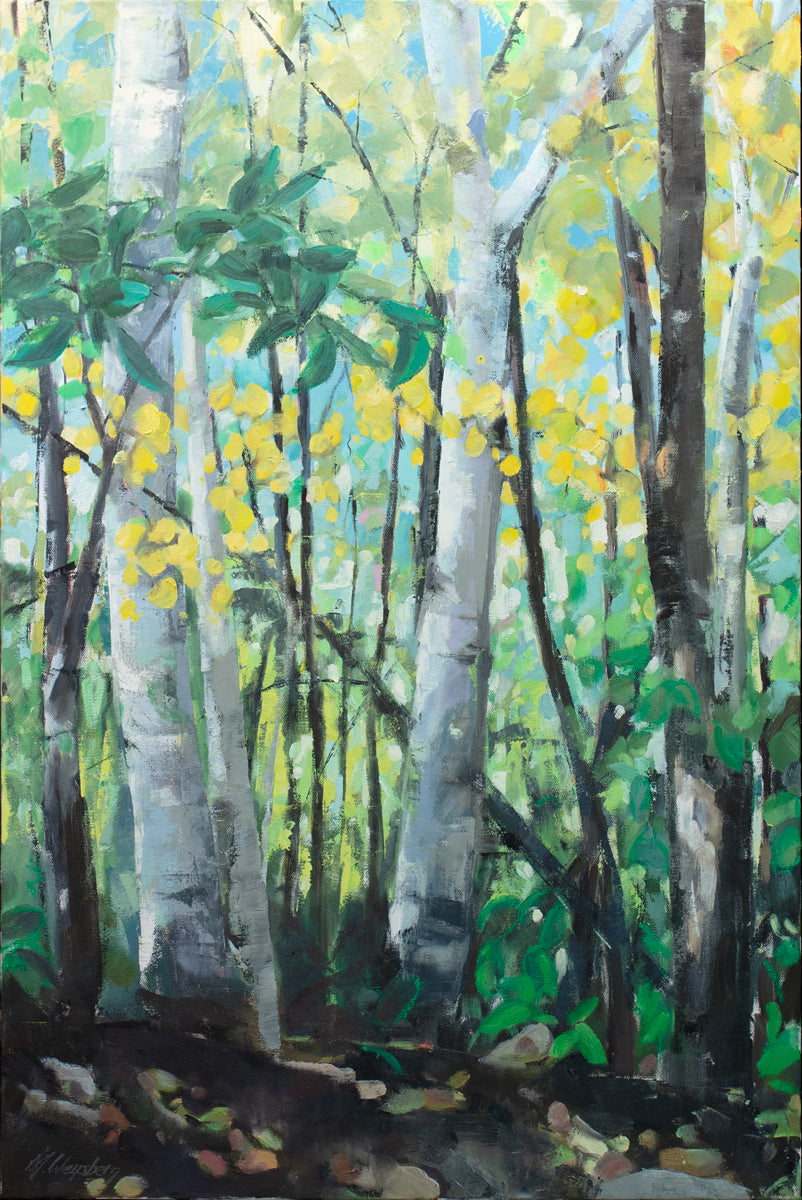 A green painting of a forest by Molly Doe Wensberg. 