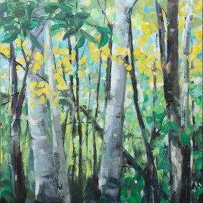 A green painting of a forest by Molly Doe Wensberg. 