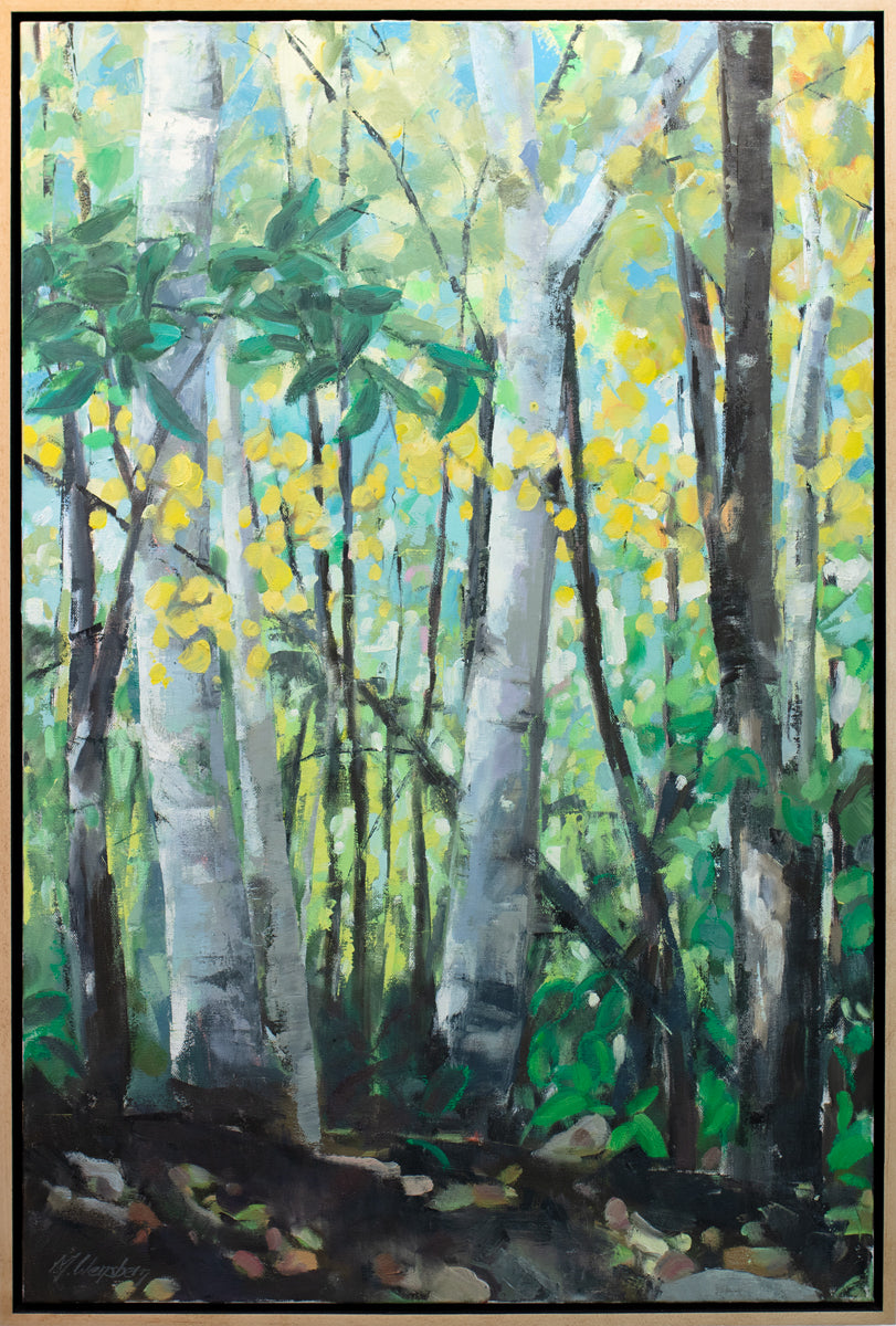 A framed green painting of a forest.