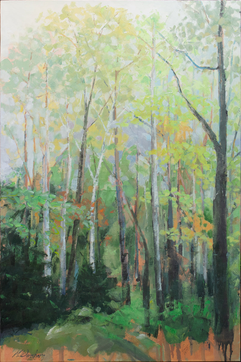 A green landscape painting of a forest by Molly Doe Wensberg. 