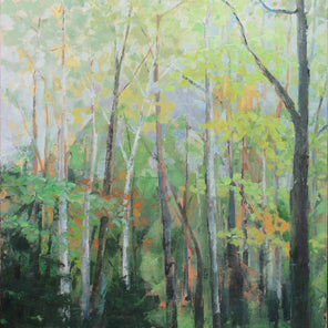 A green landscape painting of a forest by Molly Doe Wensberg. 