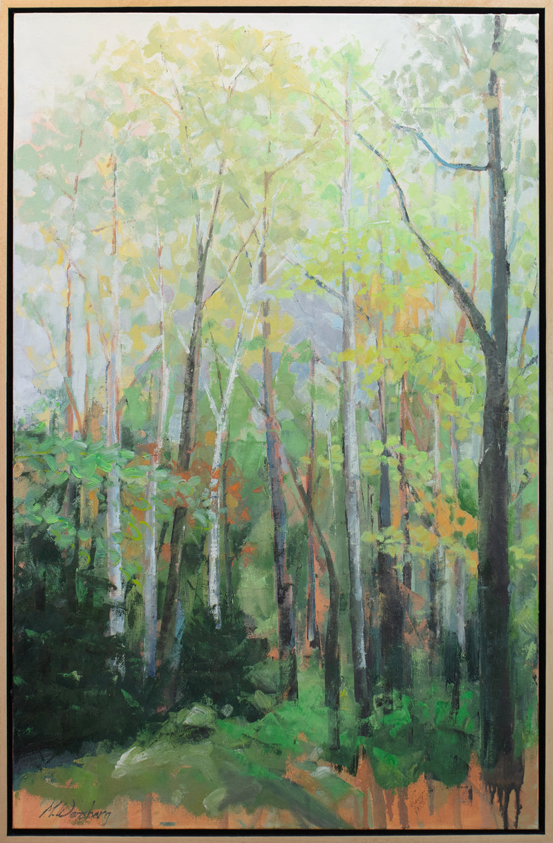 A framed green and orange painting of a forest. 