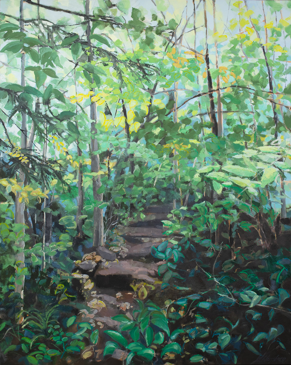 A green painting of a forest by Molly Doe Wensberg. 