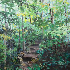 A green painting of a forest by Molly Doe Wensberg. 