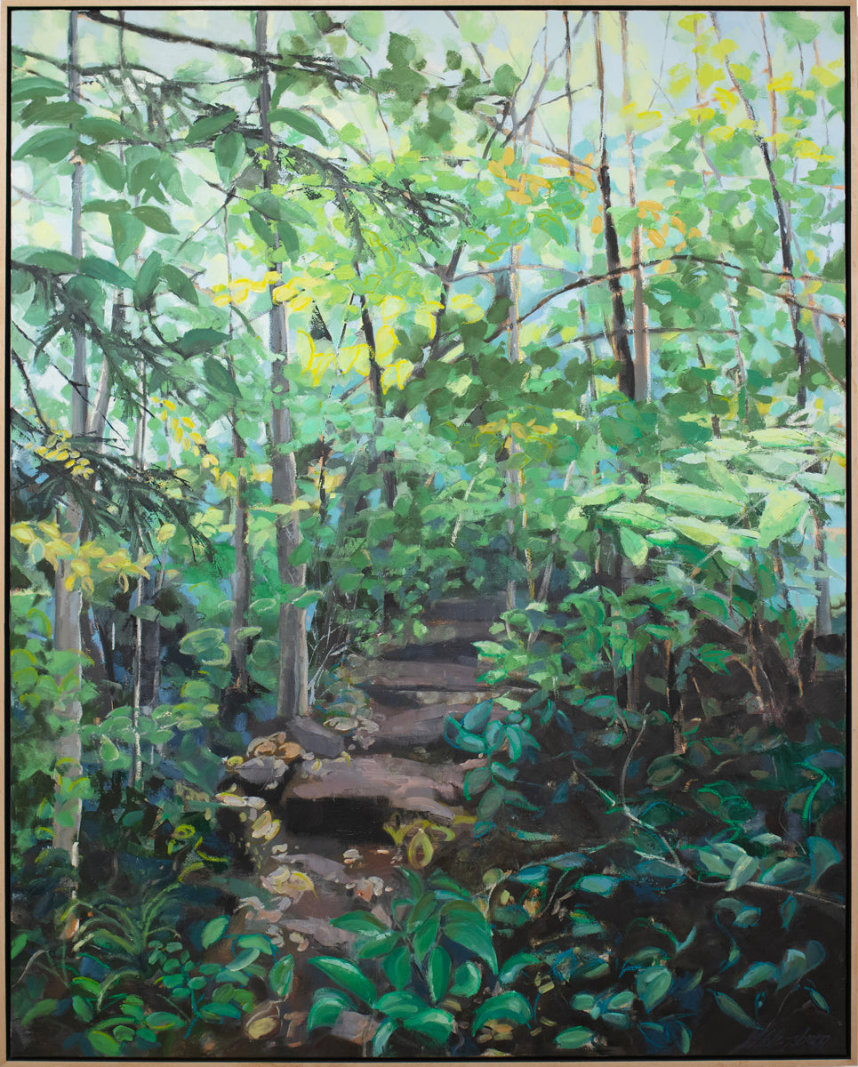 A framed green painting of a forest by Molly Doe Wensberg. 