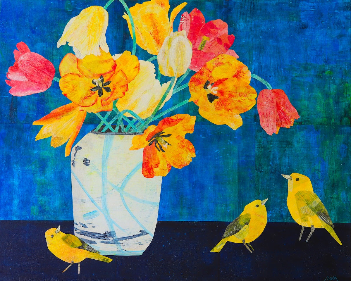 A colorful collage depicting a white vase filled with yellow, orange, and red tulips, set against a textured blue background with three small yellow birds on a dark surface.