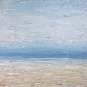 An abstracted coastal painting by S. Cora Aldo. 