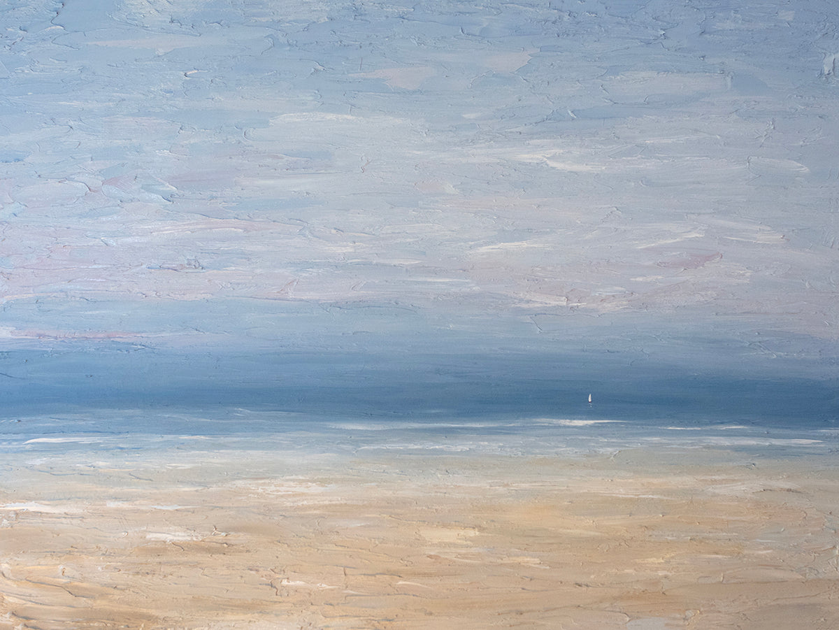 An very textured coastal painting with a loan sailboat.