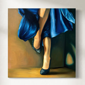 Painting of a woman wearing a blue dress and black shoes on a plain background
