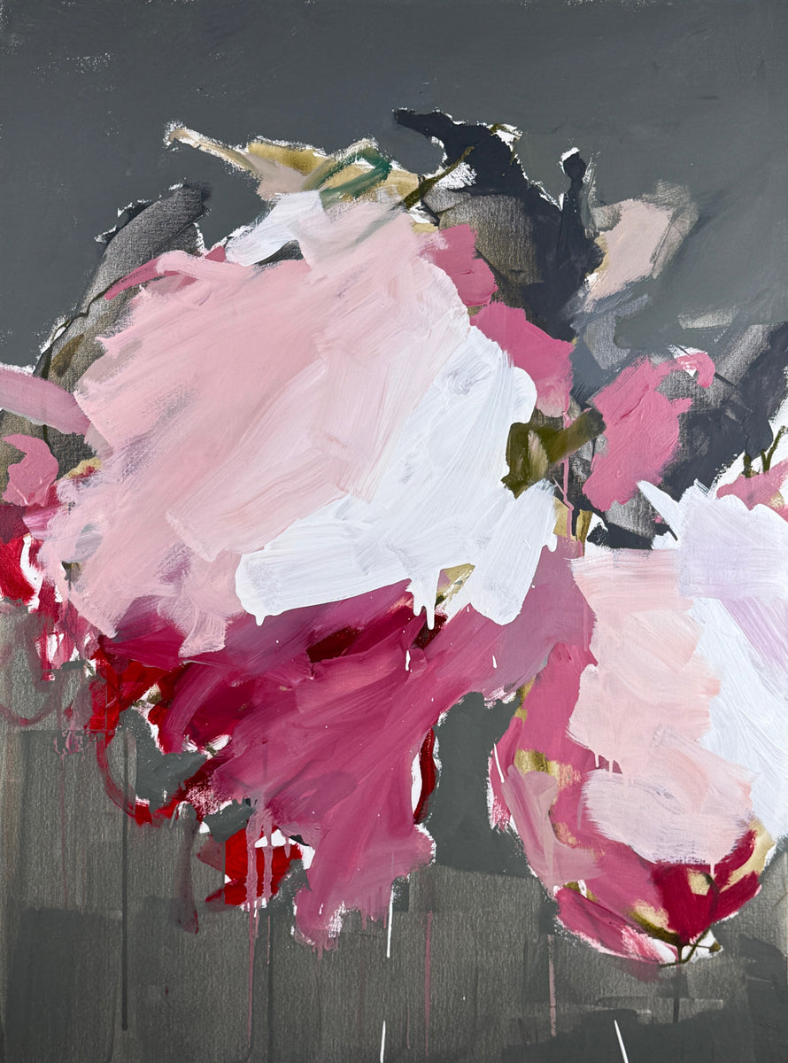 Abstract painting of pink and white flowers on a dark background
