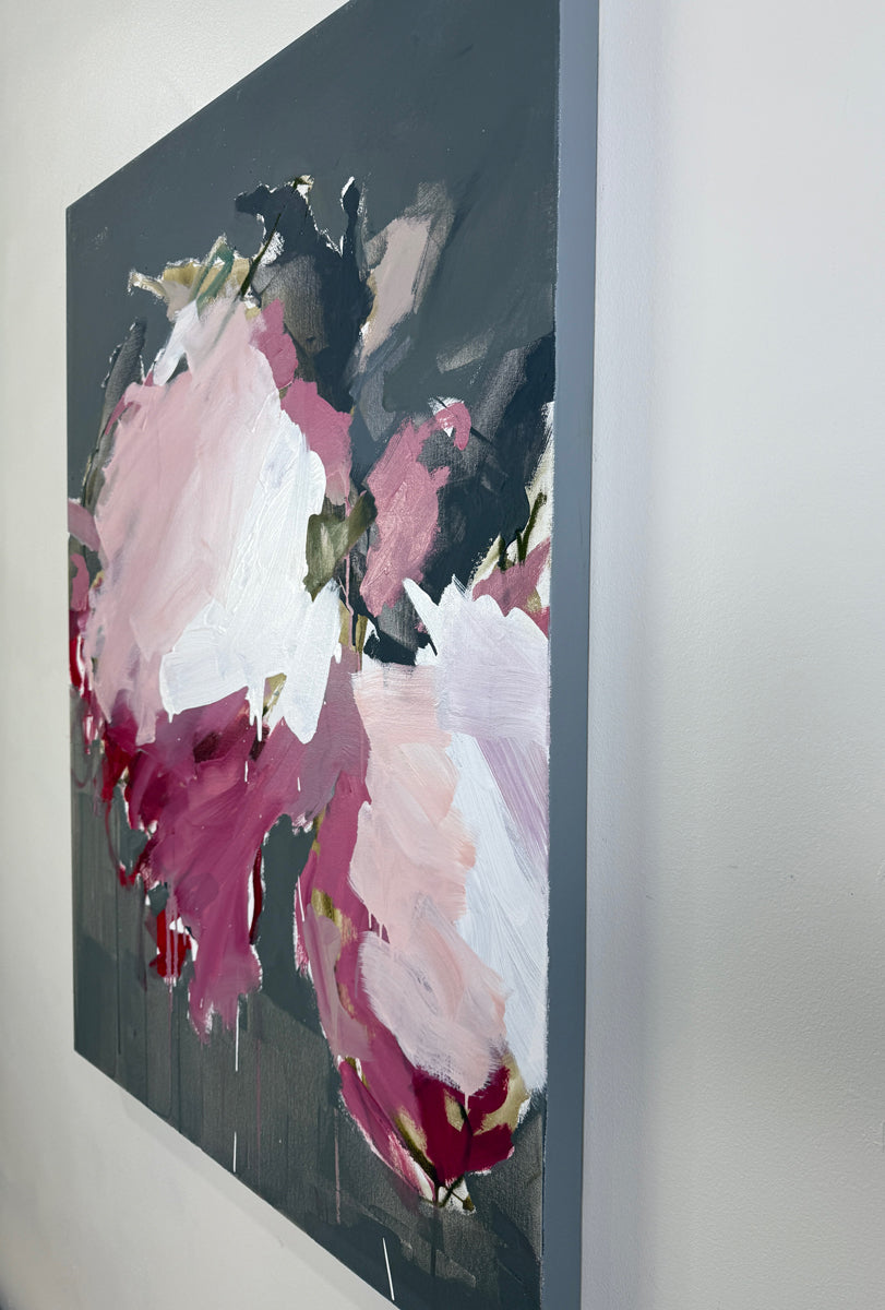 Abstract painting, side view, with pink and white flowers on a dark background