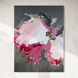 Abstract painting with pink, white, and red flowers on a gray background