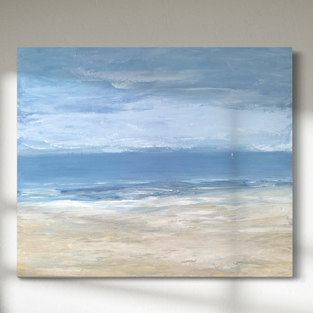 An abstract landscape painting featuring shades of blue and white, depicting a coastal scene with a beach and possibly a boat in the distance.