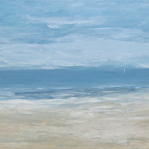 A textured painting of a beach scene with one sailboat out in the distance.
