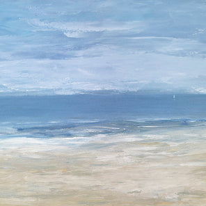 A textured painting of a beach scene with one sailboat out in the distance.