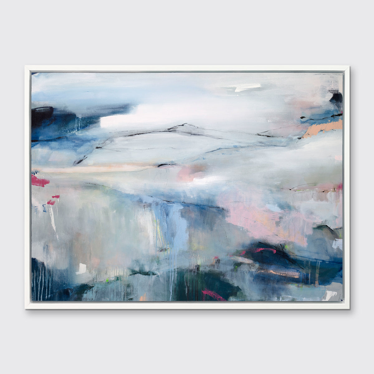 A blue, pink and white abstract print in a white floater frame hangs on a white wall.