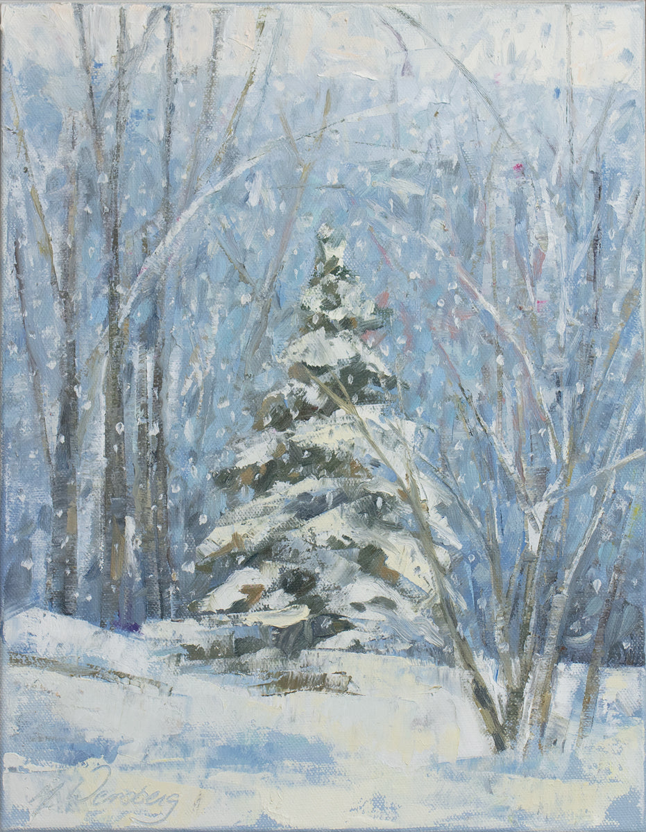 A blue, white and green snow fall landscape painting with one snow covered pine tree in the center by Molly Doe Wensberg.