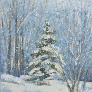 A blue, white and green snow fall landscape painting with one snow covered pine tree in the center by Molly Doe Wensberg.