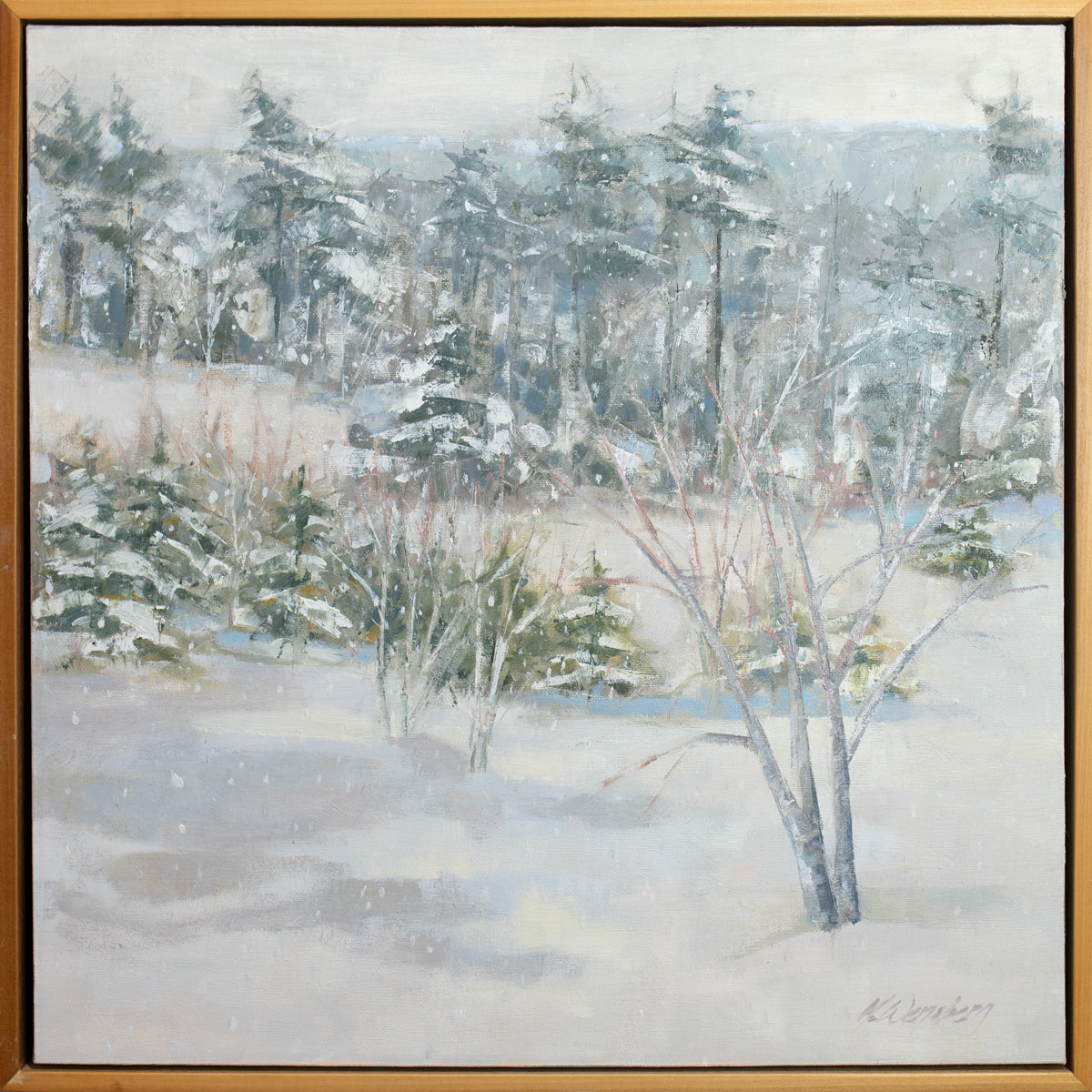 A white, grey and green snow landscape painting by Molly Doe Wensberg in a light wood floater frame.