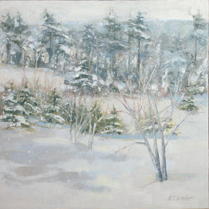 A white, grey and green snow landscape painting by Molly Doe Wensberg.