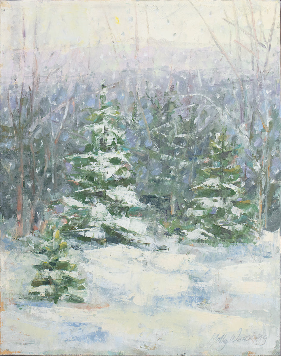 A blue, white and green snow fall landscape painting with snow covered pine trees in the center by Molly Doe Wensberg.