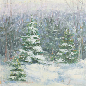 A blue, white and green snow fall landscape painting with snow covered pine trees in the center by Molly Doe Wensberg.
