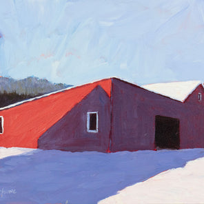 A blue painting of a red barn in the snow by Carol Young. 