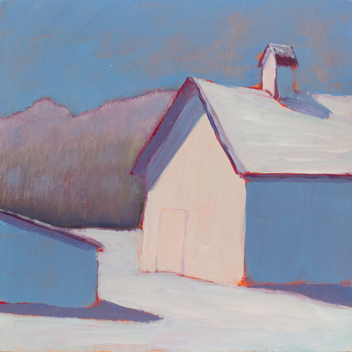 A blue, white, and red abstracted winter landscape painting by Carol Young. 