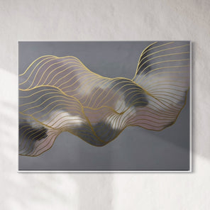 An abstract art piece with wavy lines on a gray wall.