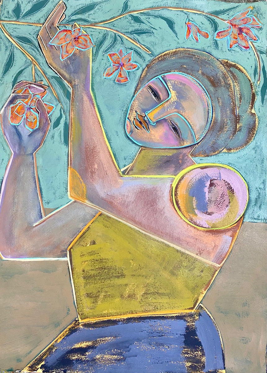 An abstracted blue, turquoise and yellow painting of a woman holding flowers from a branch. 