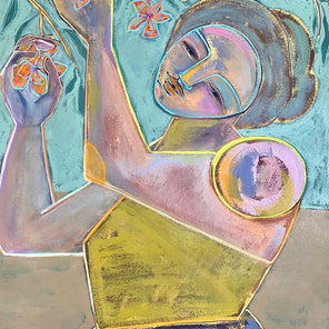 An abstracted blue, turquoise and yellow painting of a woman holding flowers from a branch. 
