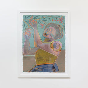 A framed abstracted blue, turquoise and yellow painting of a woman holding flowers from a branch hangs on a white wall.